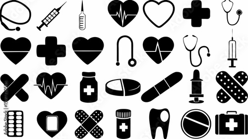Collection of medical themed icons including stethoscopes syringes hearts pills and first aid supplies shown | editable eps vectors silhouette