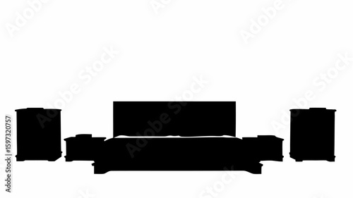 Silhouette of a bed with a headboard flanked by two nightstands and two smaller bedside tables is shown | editable eps vectors