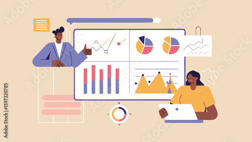 business analysts reviewing charts and graphs on a large screen display board
