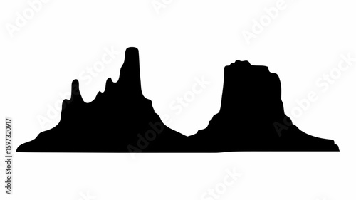 Silhouette of two rocky buttes with jagged peaks against a white background in a simple landscape view | editable eps vectors