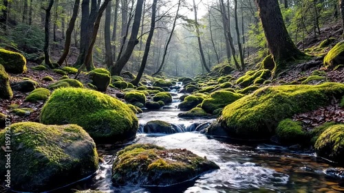 A small waterfall flowing through the forest with rocks and trees, A peaceful forest stream meandering through moss-covered rocks, with sunlight filtering through the trees Premium quality nature vide