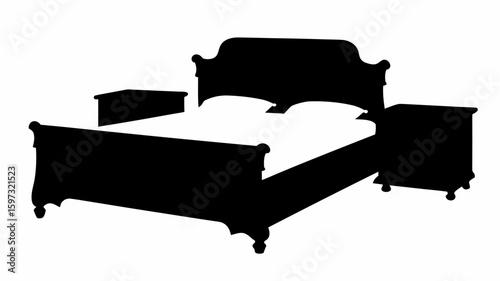 Silhouette of a bed with two pillows and two nightstands on either side in a minimalist style design | editable eps vectors