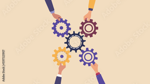 Hands connecting gears of different colors symbolizing teamwork and collaboration in a beige setting