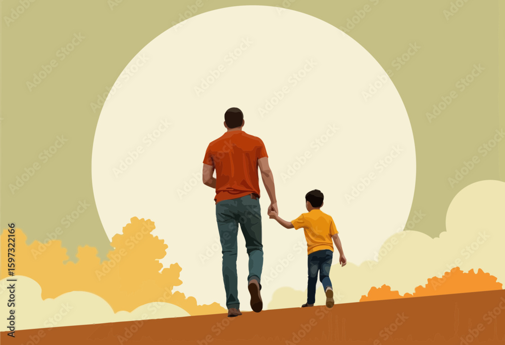 Father and son walking hand in hand towards sunset in nature Father and son walking hand in hand towards sunset in nature