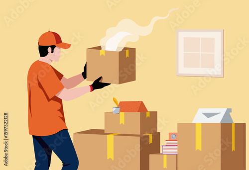 Delivery man unpacking boxes in a room with pastel yellow walls  