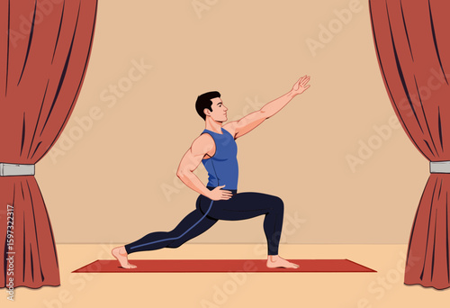 Young man practicing yoga in lunge position on red mat indoors  