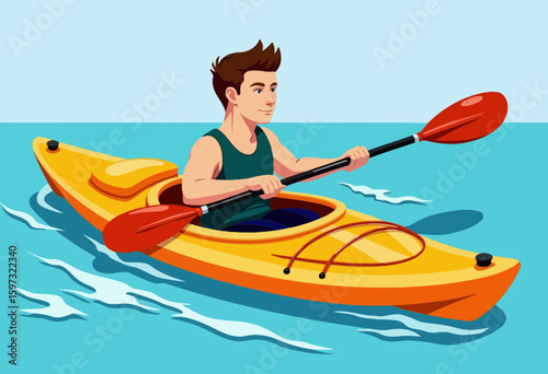 Young man kayaking on bright blue water in a yellow kayak  