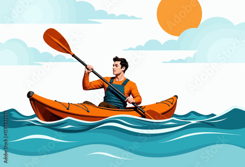 Man kayaking on water with paddle under sunny sky and clouds  