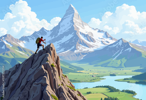 Hiker standing on rocky peak overlooking valley and mountains  