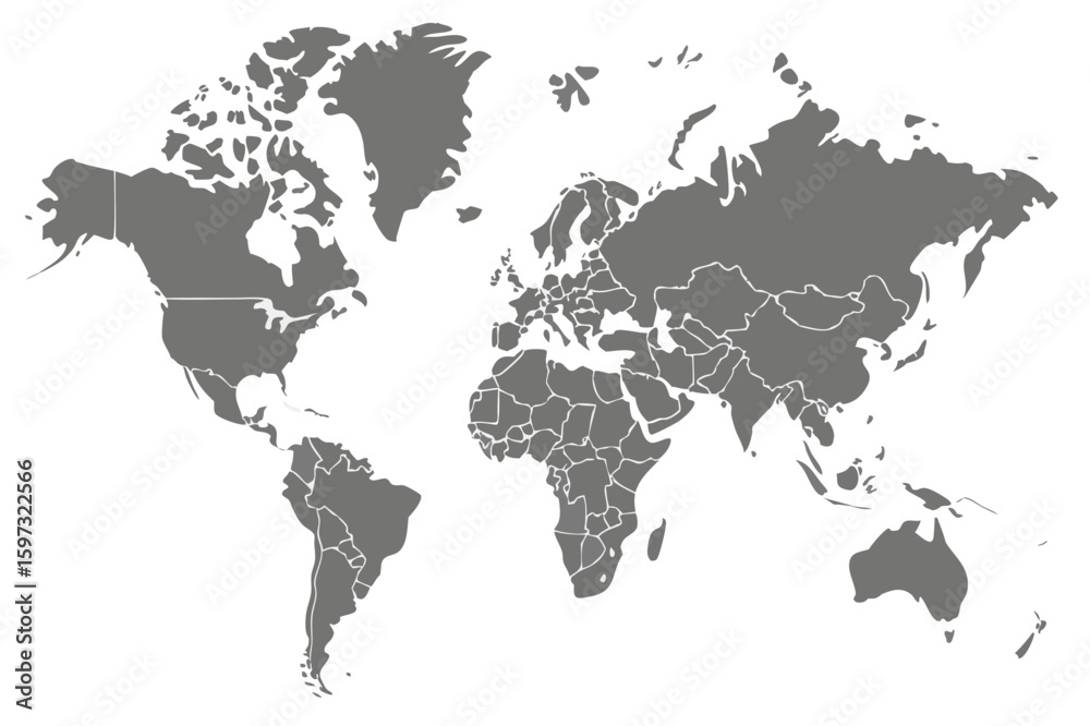 Fototapeta premium World map illustration showing continents and countries in gray against a white background detailed view | editable eps vectors silhouette