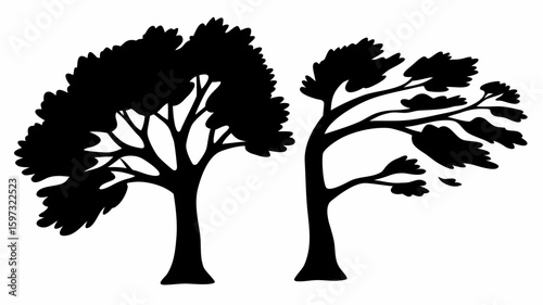 Silhouette illustration depicting two trees one with dense foliage and the other bent by wind force | editable eps vectors