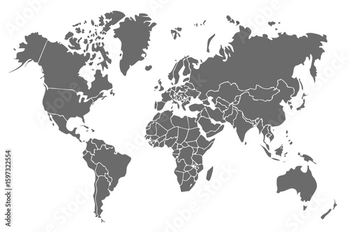 A gray world map showing continents and country borders on a white background with detailed coastlines | editable eps vectors silhouette
