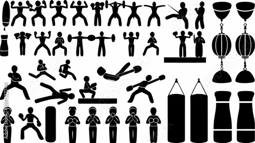 Illustration showing various martial arts poses and equipment including punching bags and lanterns design set | editable eps vectors silhouette
