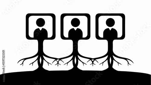 Three stylized figures connected by roots representing genealogy or family tree concept in black and white | editable eps vectors silhouette