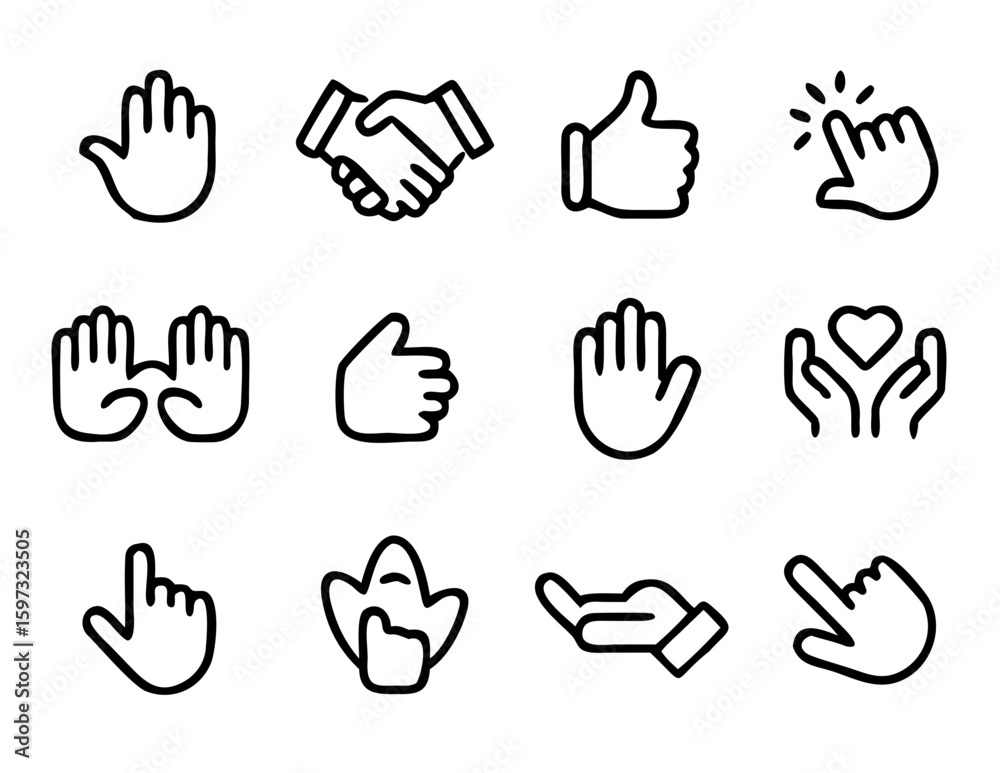 Obraz premium Hand thin line icons. hand icon. Hands symbols set. Handshake. hand symbol collection. Vector