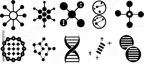 Illustration of ten different molecular structures and dna strands in black and white simple vector art | editable eps vectors silhouette