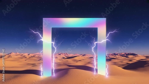 3D Neon Portal with Lightning and Desert