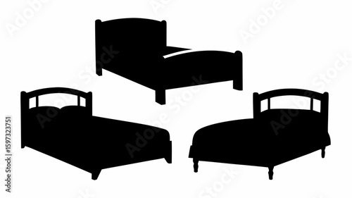 Three silhouette beds with arched headboards and footboards in varying perspectives and sizes shown | editable eps vectors
