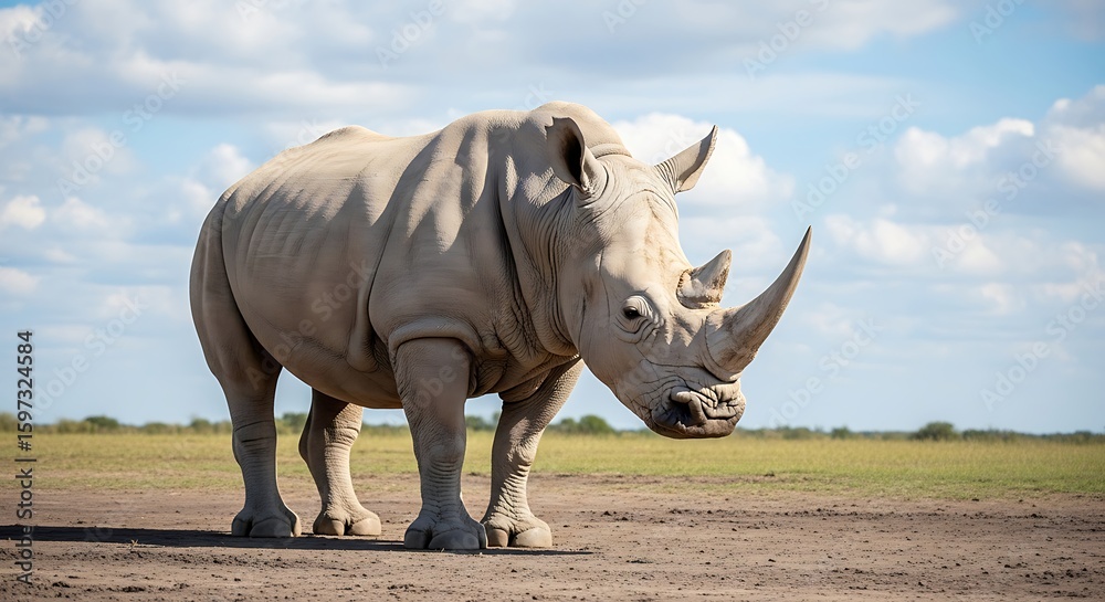 Fototapeta premium Rhino Standing in Grassland Under Cloudy Sky