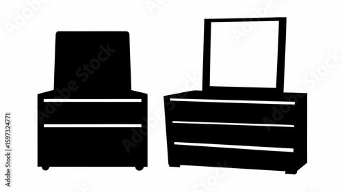Two dressers in silhouette with drawers and one with a mirror sitting on top of it in a simple design | editable eps vectors