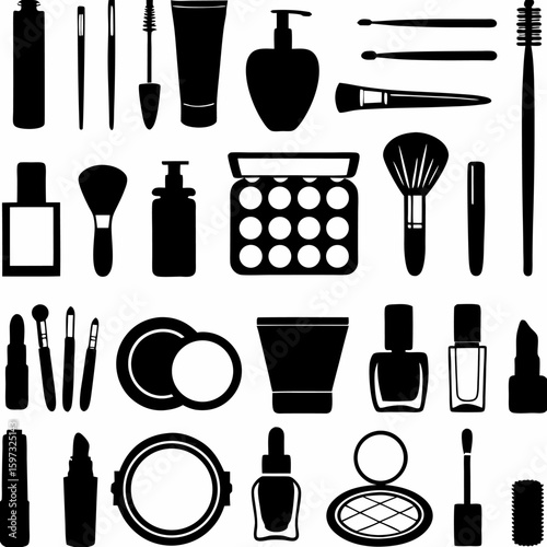 Collection of various cosmetic and beauty products in black silhouette against white background view | editable eps vectors