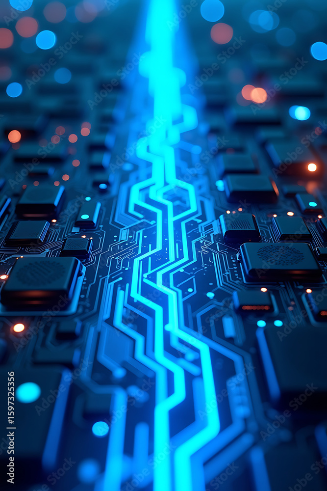 Obraz premium Glowing blue pathways illuminate a complex technological circuit board, showcasing intricate electronic components.