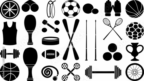 A collection of sports equipment including balls bats rackets weights and other sporting accessories items | editable eps vectors