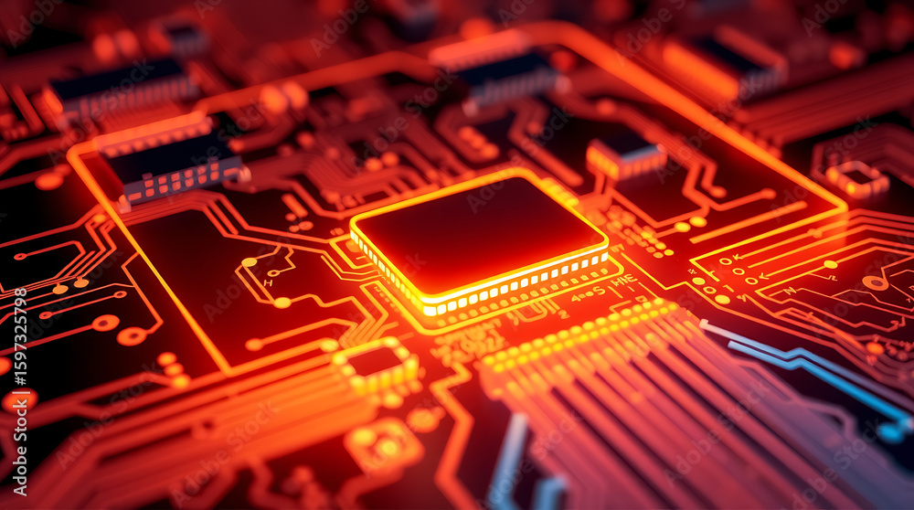 Fototapeta premium Close-up of a glowing computer circuit board, highlighting the central processor.