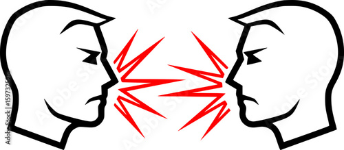 A metaphor for toxic communication and intense conflicts between colleagues. The two heads in profile with barbed words symbolize aggressive communication and mutual accusations.