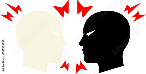 A metaphor for toxic communication and intense conflicts between colleagues. The two heads in profile with barbed words symbolize aggressive communication and mutual accusations.
