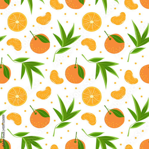 Citrus seamless vector pattern with oranges, tangerine slices and leaves on a white background.