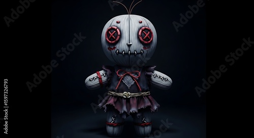 Spooky Doll Figure in Dark Setting with Stitched Features