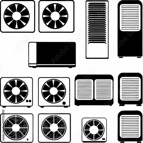 Collection of various air conditioning units and fans depicted in black and white outline style design | editable eps vectors