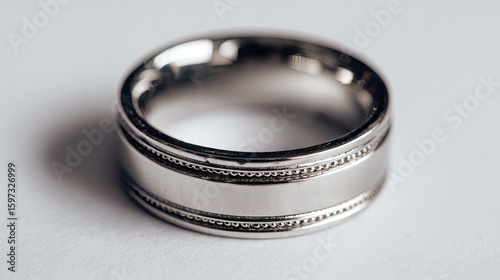Close-up of a silver wedding band ring with textured edges, resting on a white surface.