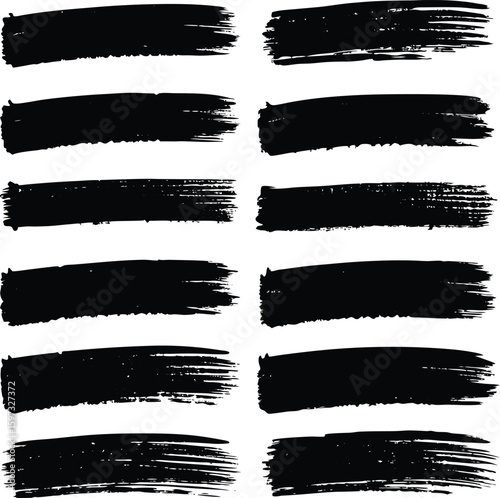 A collection of vector grunge brush strokes and paint splatters, forming dirty ink banners and artistic design elements with texture and border patterns