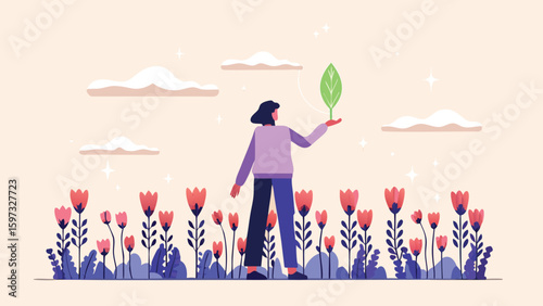 Woman holding a leaf in a flower field with clouds and stars in the background illustration is here
