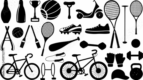 Illustration of various sports equipment including balls rackets bikes and weights in black silhouette style | editable eps vectors
