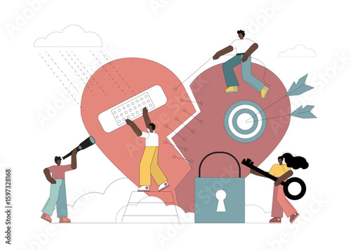 Broken heart. Little people mend a broken heart, put a stitch, stick a bandage. Vector flat illustration