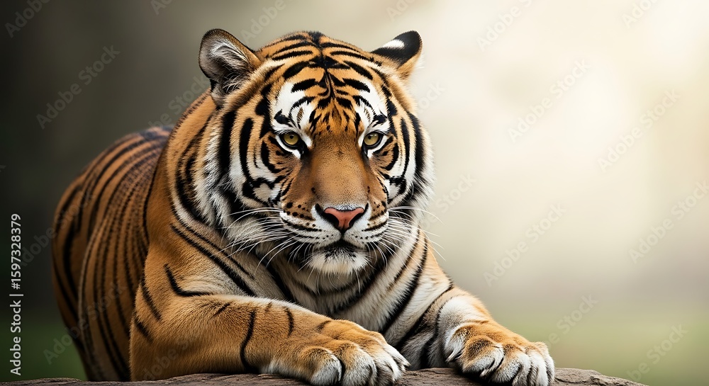 Obraz premium Tiger Resting on Stone Surface Portrait with Focused Gaze