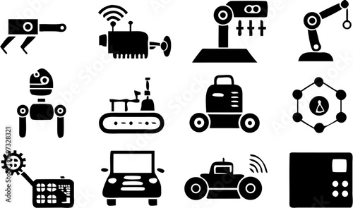 Illustration showing various types of robots including wheeled robots and robotic arms in black and white | editable eps vectors silhouette