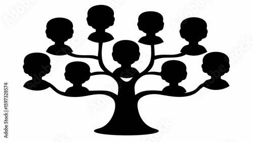Black silhouette of a family tree with nine family members representing generations and lineage history | editable eps vectors
