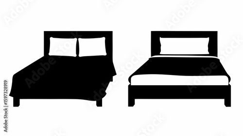Two beds are depicted in a simple black and white illustration showing bedroom furniture and bedding items | editable eps vectors silhouette