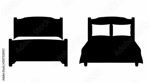 Two black bed silhouettes, one with a visible mattress and the other with pillows, on a white background | editable eps vectors