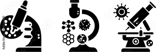 Illustration showing three microscopes with various samples and viruses for scientific research use only | editable eps vectors silhouette