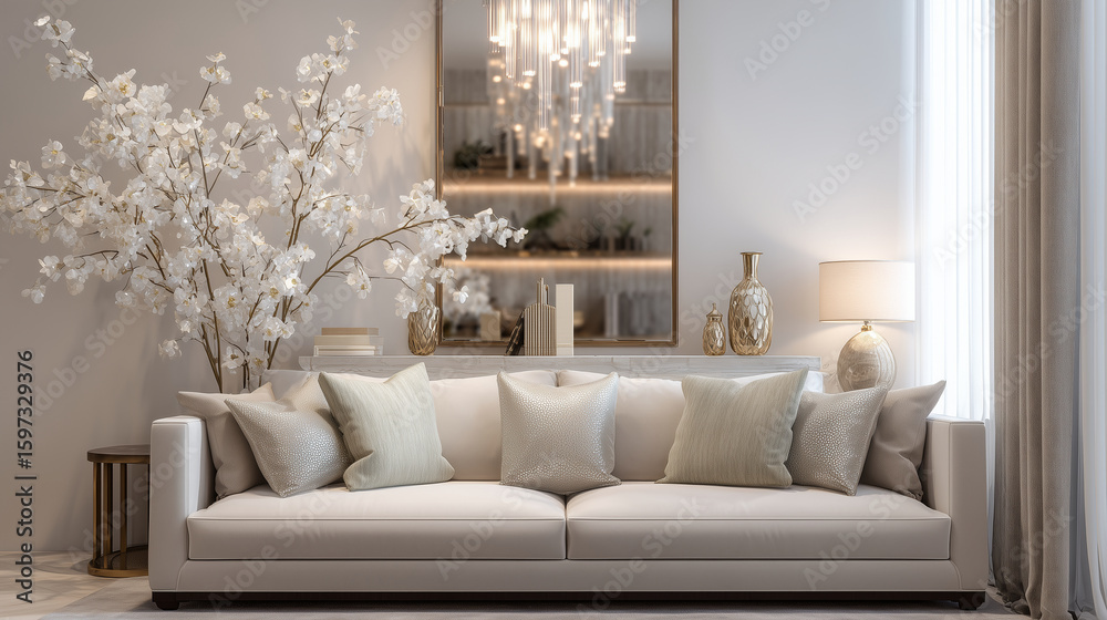 Fototapeta premium Elegant living room featuring a white sofa, chandelier, and floral arrangement