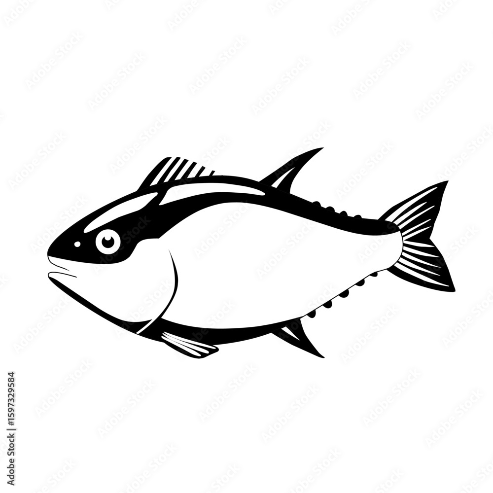 Obraz premium Black and white line art of a fish with distinct fins and body shape. Vector outline illustration ideal for logos, seafood branding, or marine-themed design projects