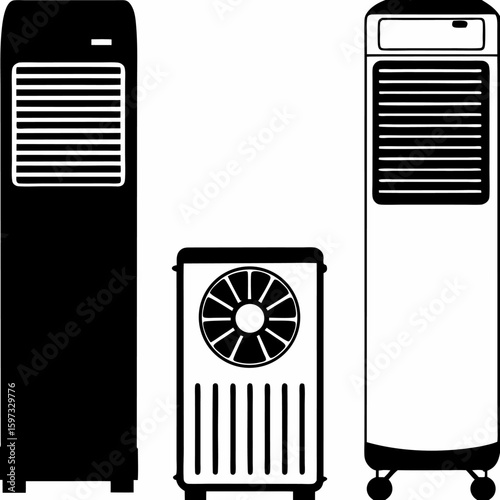 Illustration of three air conditioning units with different designs and ventilation patterns shown | editable eps vectors silhouette
