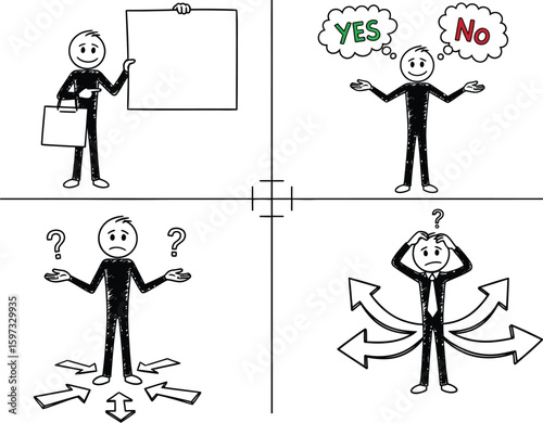 Decision making process stick figures illustration representing choice confusion and options analysis chart