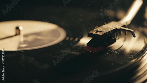 Vintage vinyl player needle on a spinning record, Capturing the essence of analog sound: Turntable in motion, needle gracefully gliding over the grooves, Emotional Lyric Video Backgrounds