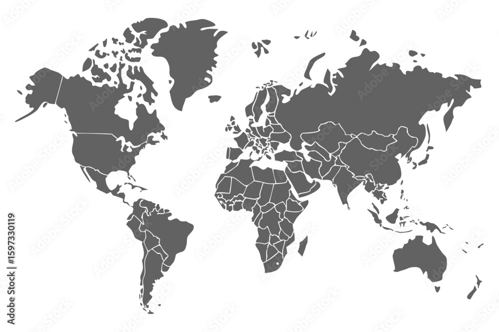 Fototapeta premium Detailed world map illustration featuring continents and country borders in gray on a white background view | editable eps vectors silhouette